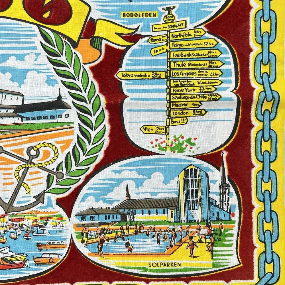 Table Mat Norway Fabric Bodo Landmarks Red Yellow 16x11 Colorful Souvenir Vtg